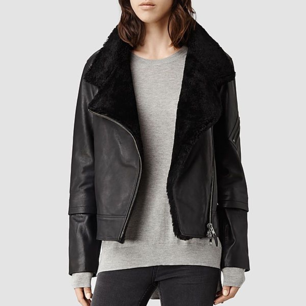 NWOT Allsaints Bayes Leather Shearling Moto Jacket in size US 10 (UK 14)